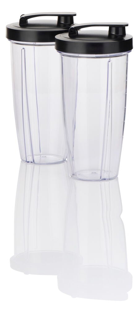 Zwei transparente Standmixer To Go 750 ml BTG26 Becher mit schwarzen Deckeln und Griffen sind auf einer weißen Oberfläche zu sehen.