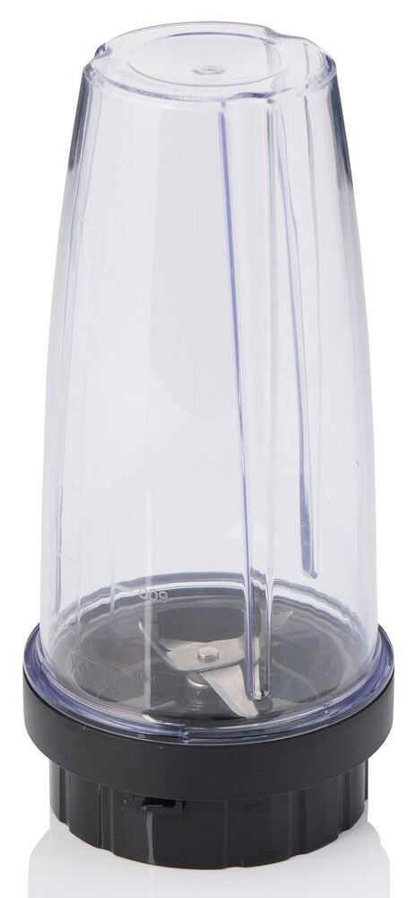 Frontansicht eines transparenten Standmixer To Go 750 ml BTG26 mit schwarzer Klingenbasis und Silberklingen.