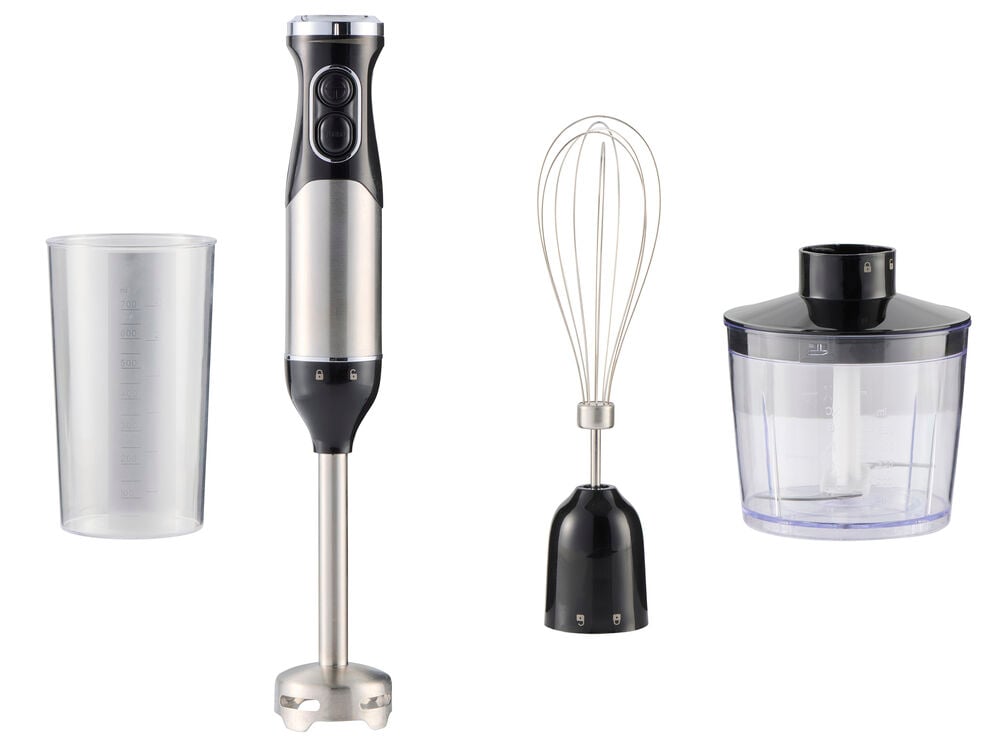Stavmixerset 800 W 3 in 1 BHS26, silver och svart, med visp, hackare och mätbägare.