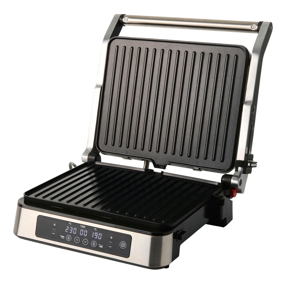 Bordgrill Digital 2000 W TDG26 åpen med sorte rillede plater, rustfritt stål og et digitalt displaypanel.