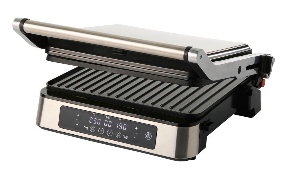 Bordgrill Digital 2000 W TDG26 med rustfrie detaljer, svarte rillede grillplater og digitalt display, åpen.