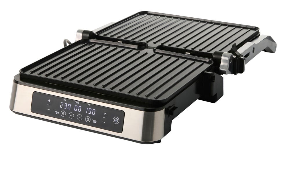 Bordgrill Digital 2000 W TDG26, en svart og sølvfarget elektrisk grill med rillede plater og digital skjerm.