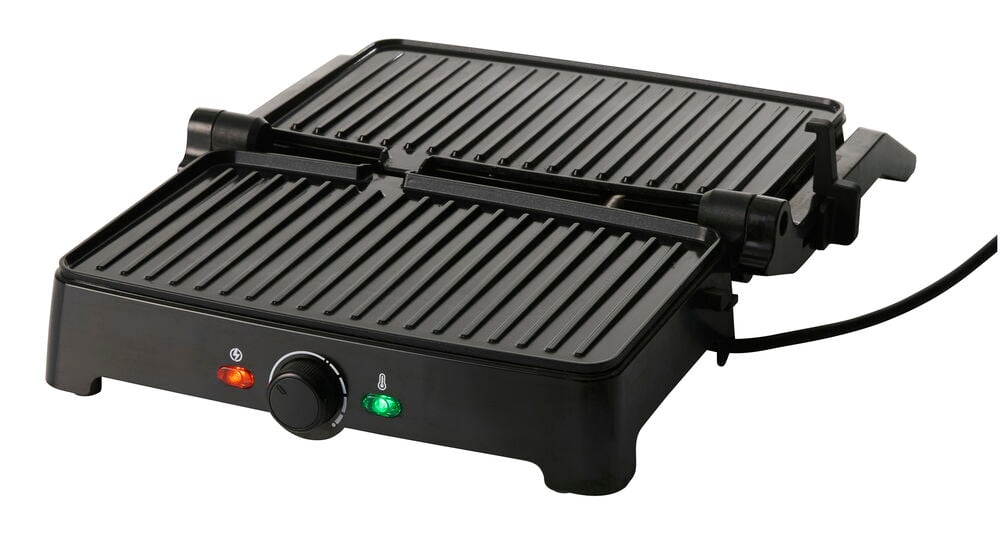 Multigrill 1500 W TGM26, ein offener schwarzer Elektrogrill mit geriffelten Platten, einem Knopf und Lichtern.