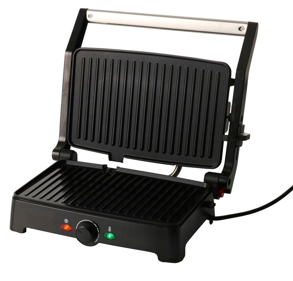 Schwarzer Multigrill 1500 W TGM26 mit silbernem Griff, offen, zeigt gerippte Platten und Bedienknopf.