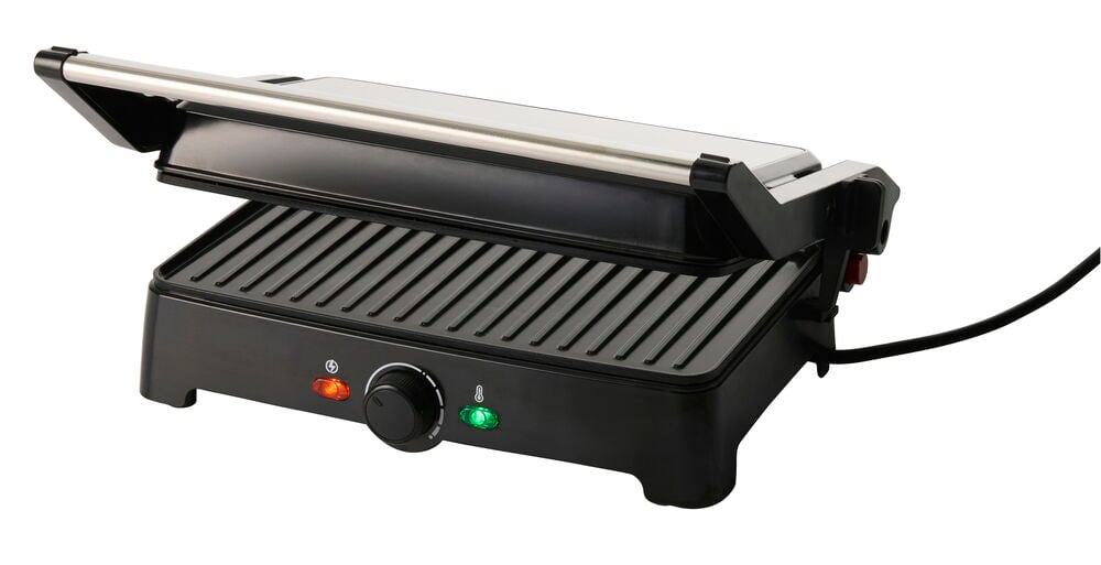 Multigrill 1500 W TGM26, ein offener schwarzer Grill mit Edelstahlgriff, Drehknopf und Kontrollleuchten.