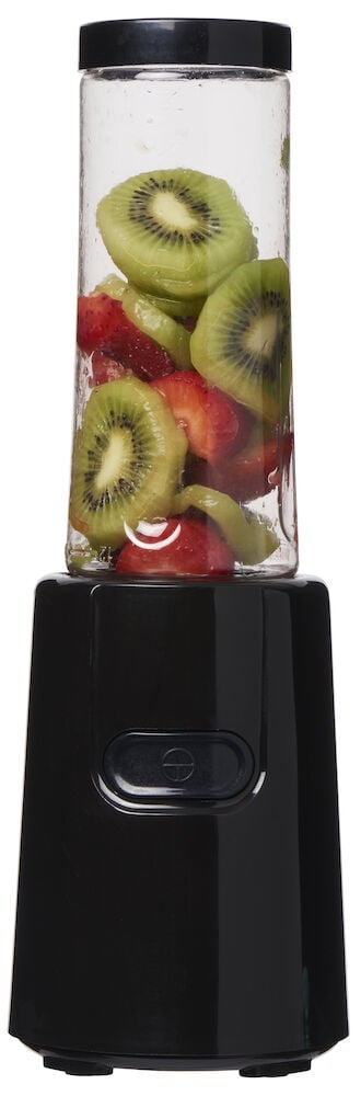 Svart blender med fruktfylld genomskinlig mixerkanna.