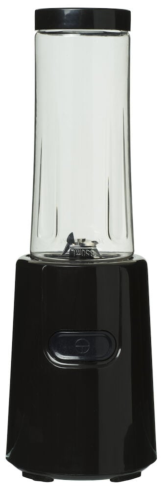 Svart sportblender med genomskinlig bägare och lock.