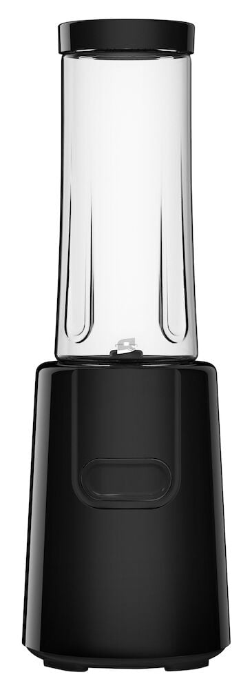 Svart kompakt blender med genomskinlig mixflaska.