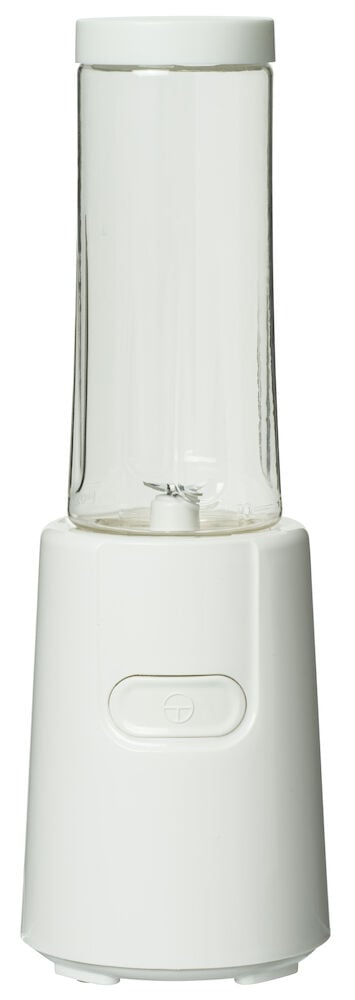 Vit personlig blender med genomskinlig flaska och lock.