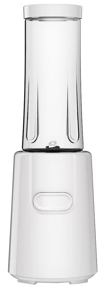 Vit kompakt blender med genomskinlig plastbehållare.