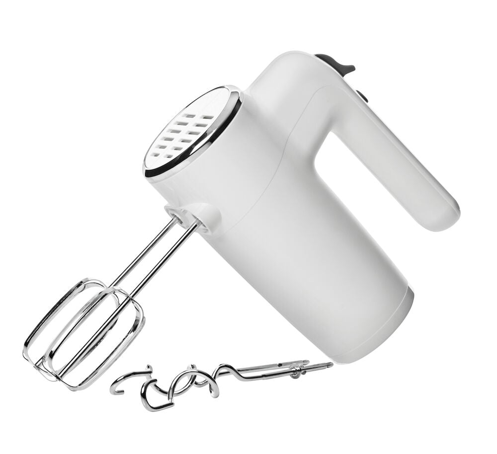 Vit elvisp med vispar och degkrokar av metall.