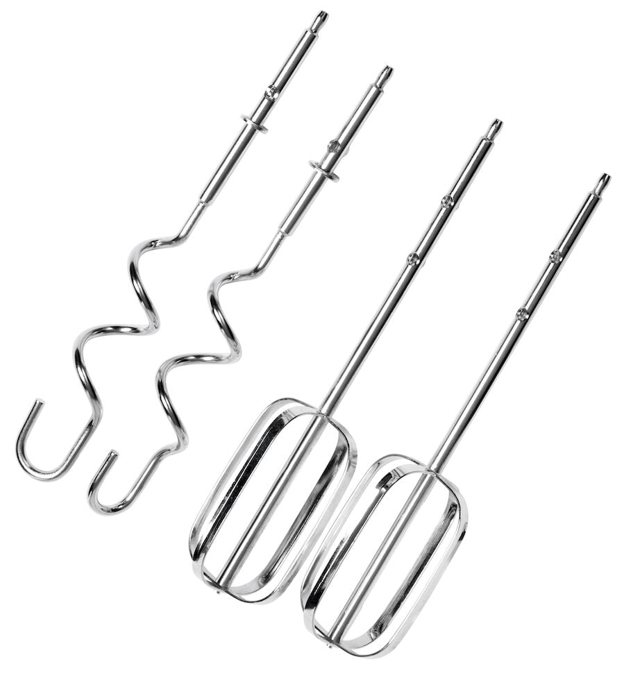 Två degkrokar och två vispar i metall.