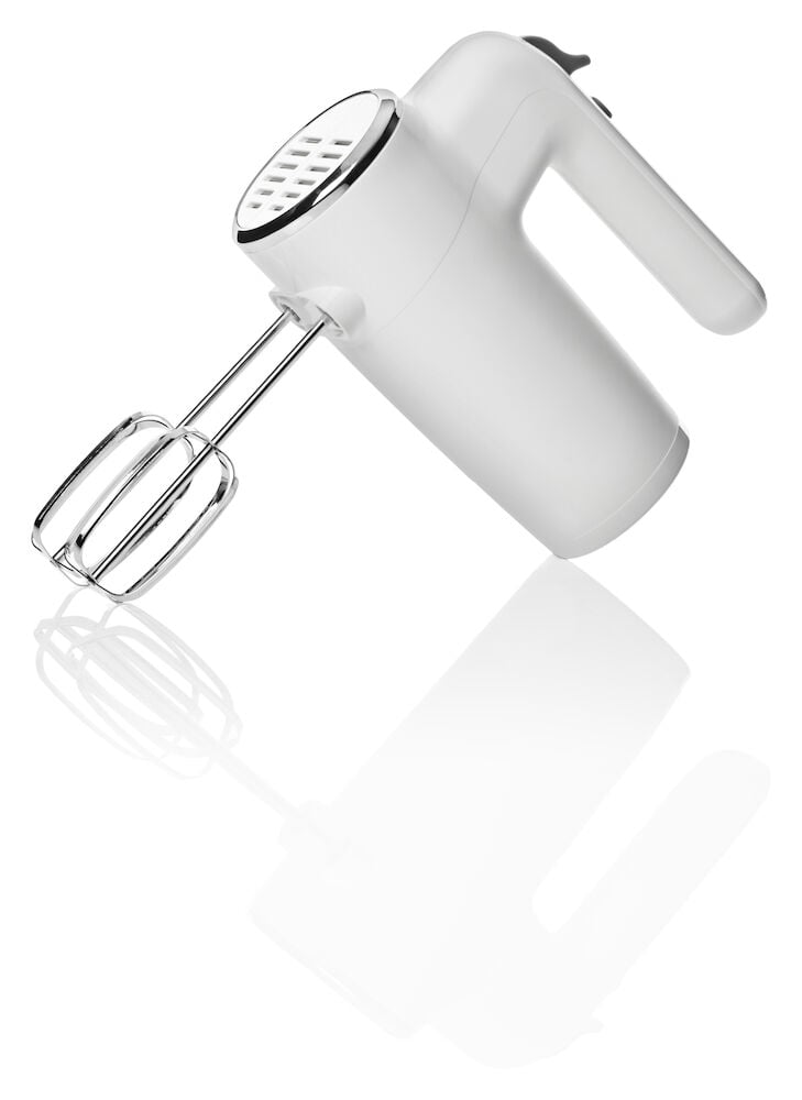 Vit elvisp med vispar i rostfritt stål.