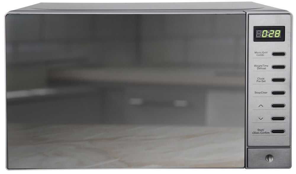 Mikroaaltouuni, jossa on digitaalinen ohjauspaneeli ja peiliovi.