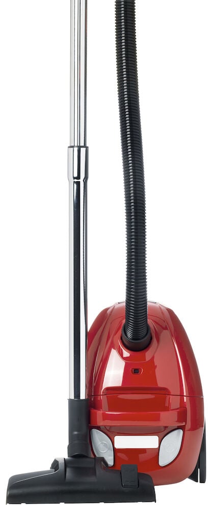 Röd kompakt dammsugare med slang och golvmunstycke.
