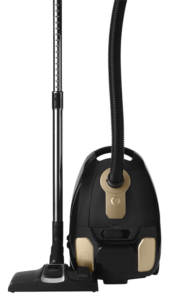 Svart och beige dammsugare med teleskoprör och munstycke.