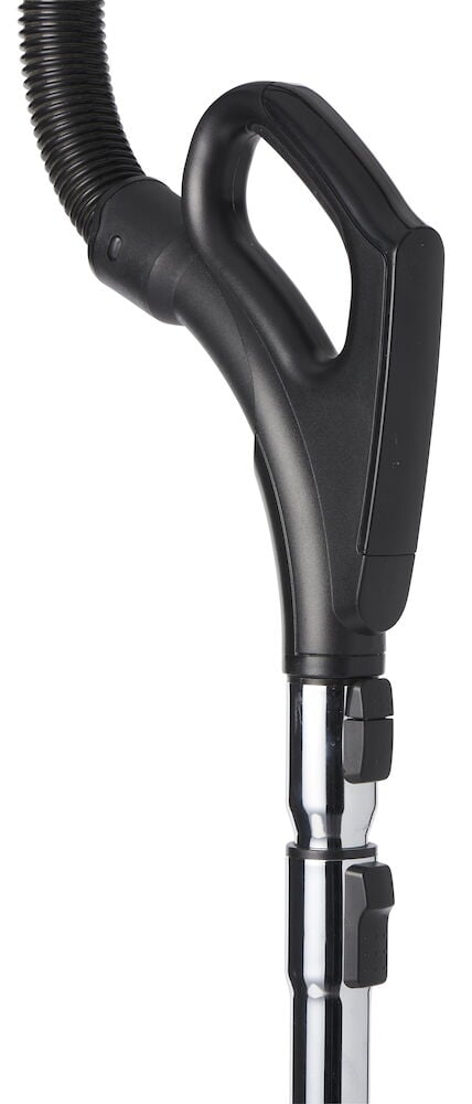 Svart damsugarhandtag med metallteleskoprör och slang.