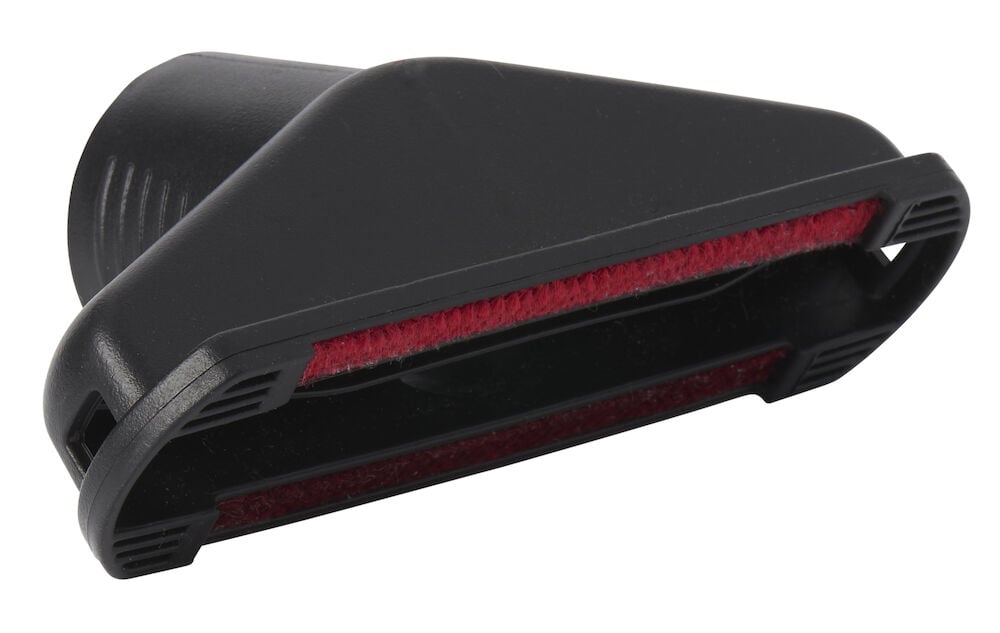 Svart dammsugarmunstycke med röd borstkant.