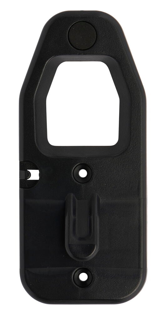 Svart väggfäste i plast för dammsugare.