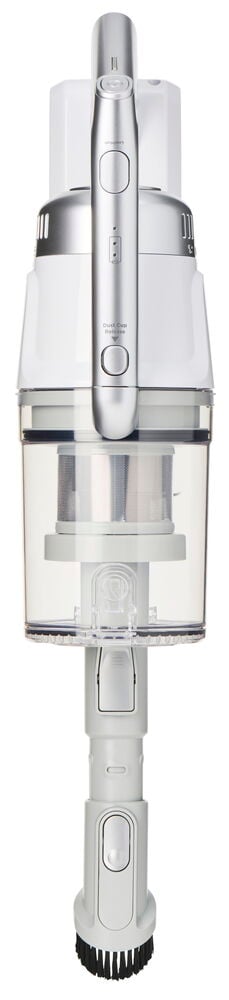 Vit sladdlös skaftdammsugare med genomskinlig behållare.