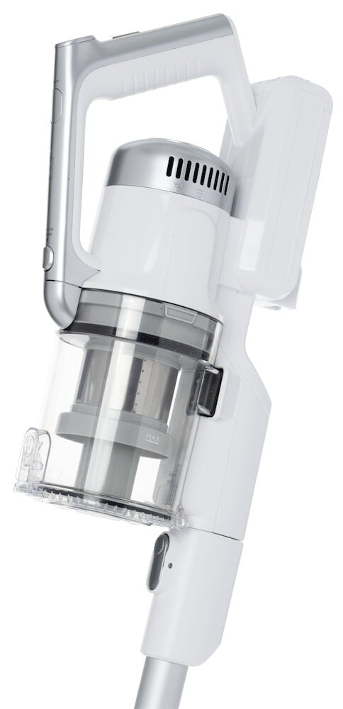 Vit sladdlös skaftdammsugare med genomskinlig dammbehållare.