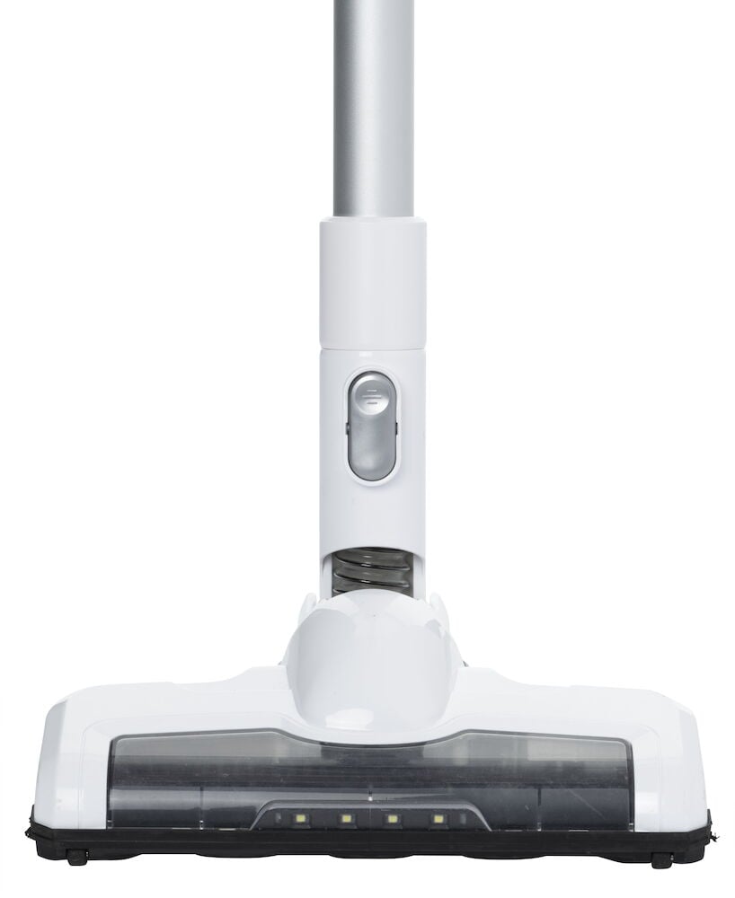 Vit skaftdammsugare med LED-belysning på munstycket.