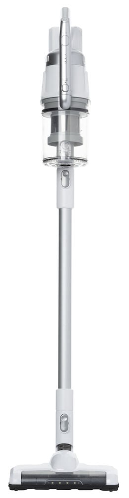 Vit och silver sladdlös skaftdammsugare med genomskinlig behållare.