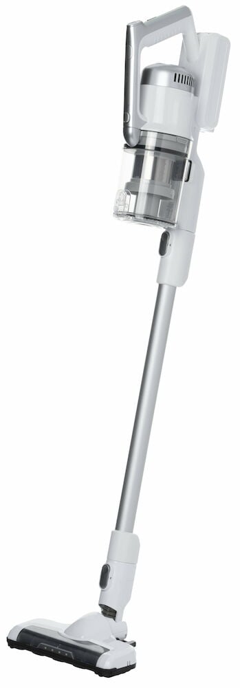 Vit trådlös skaftdammsugare med genomskinlig dammbehållare.