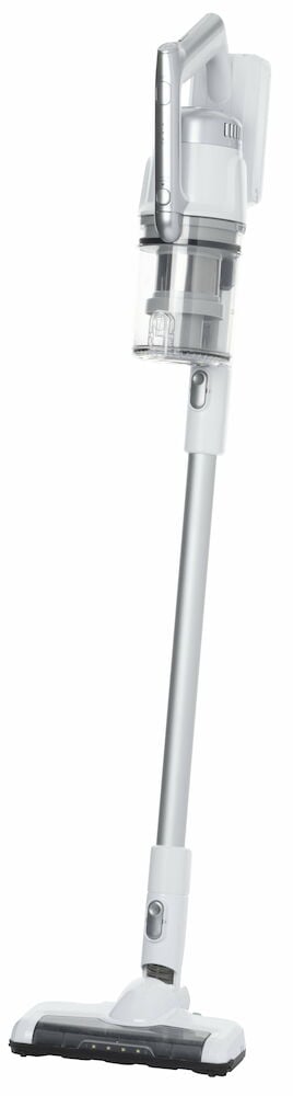 Vit sladdlös skaftdammsugare med genomskinlig dammbehållare.