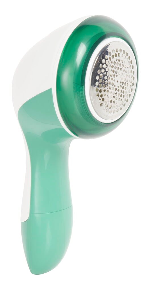 Grön noppborttagare med handtag och metallnät.