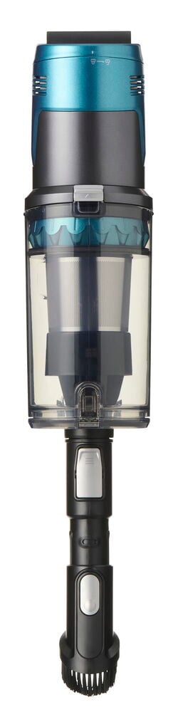 Stielstaubsauger PRO Sensor VCS25 in Blau und Schwarz mit transparentem Staubbehälter und Bürstenaufsatz, Vorderansicht.
