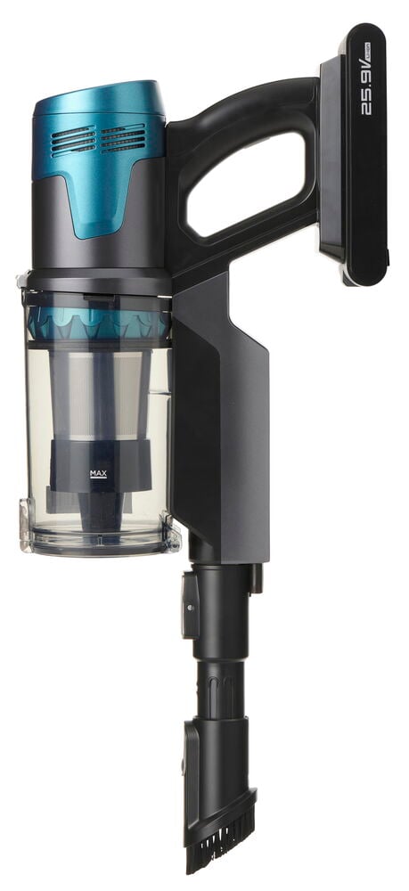 Ein türkis-schwarzer Stielstaubsauger PRO Sensor VCS25 mit transparentem Staubbehälter und 25.9V Akku.