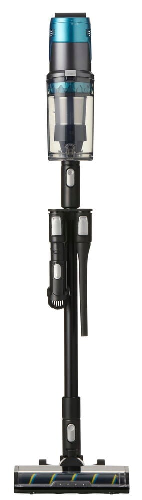 Stielstaubsauger PRO Sensor VCS25, schwarz-türkis, mit transparentem Staubbehälter und Zubehör, Vorderansicht.