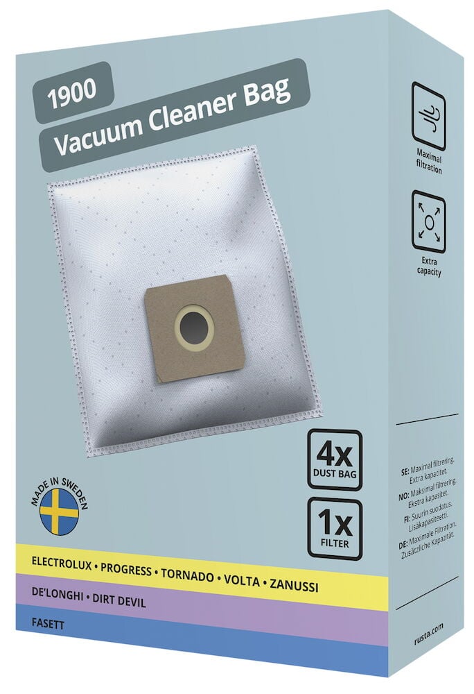 Vit dammsugarpåse med motorfilter i blå förpackning.