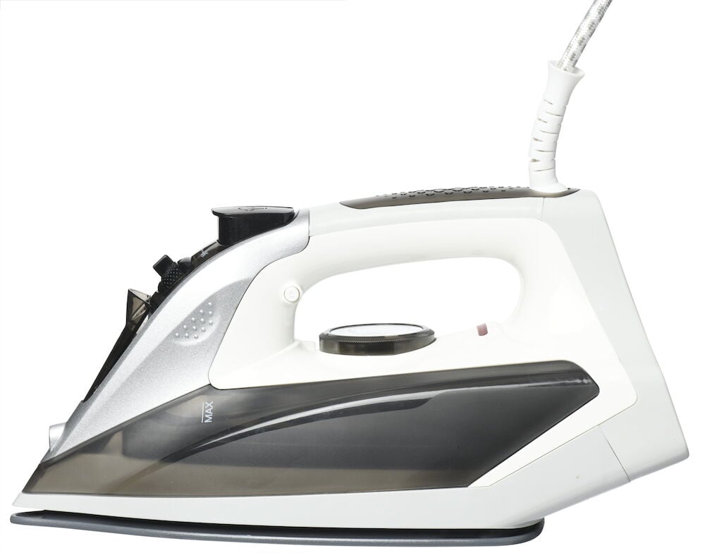 Mörkgrått ångstrykjärn med keramiskt strykjärnssula.