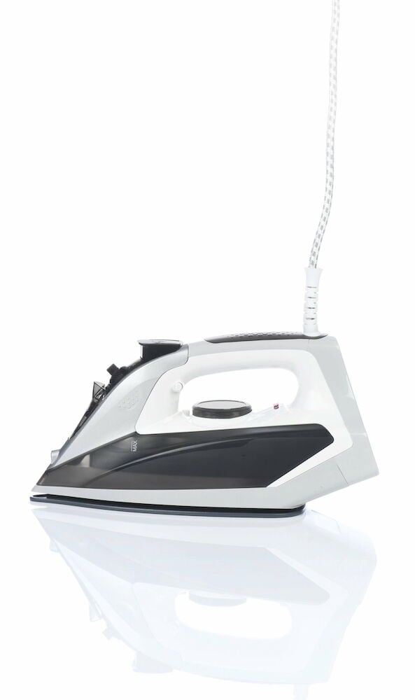 Mörkgrått ångstrykjärn med sladd på vit bakgrund.