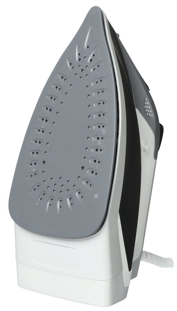 Mörkgrått ångstrykjärn med keramisk sula.