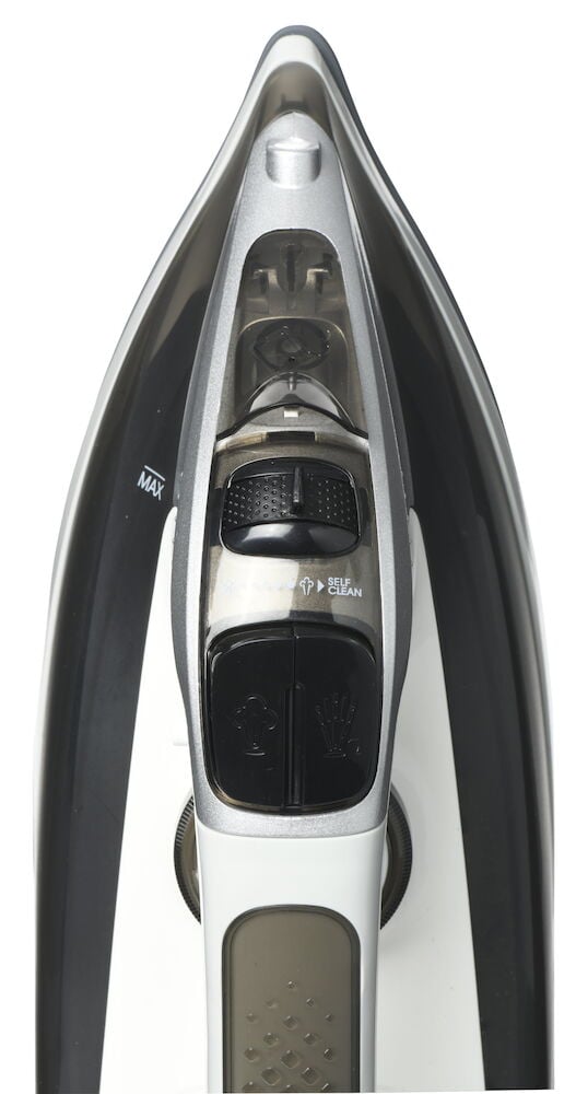 Mörkgrått ångstrykjärn sedd uppifrån med handtag.