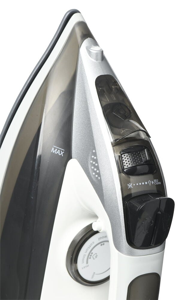 Mörkgrått ångstrykjärn med synlig vattenbehållare.