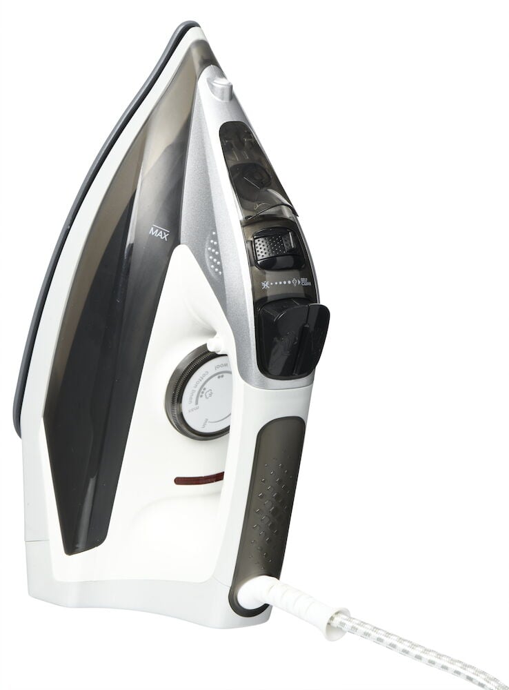 Mörkgrått ångstrykjärn med keramisk sula och reglage.