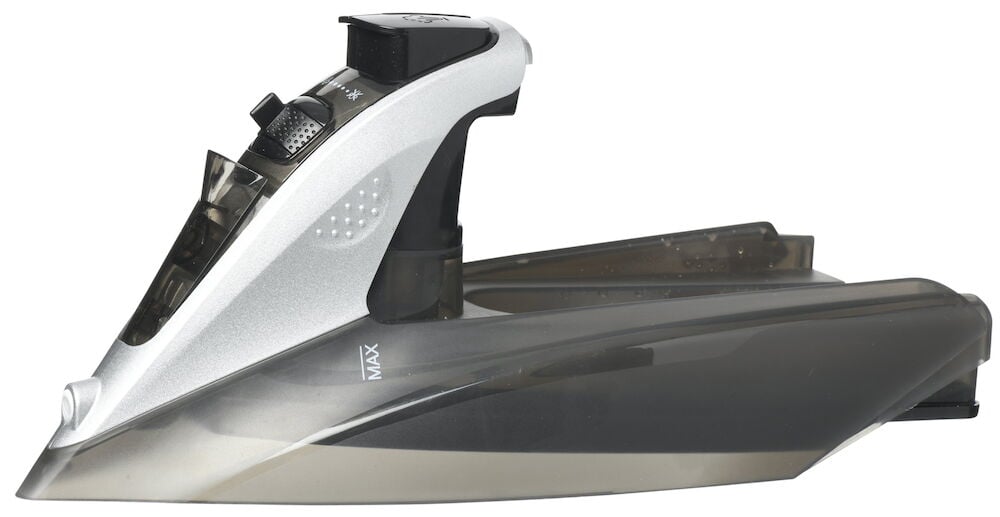 Mörkgrått ångstrykjärn med keramisk sula.