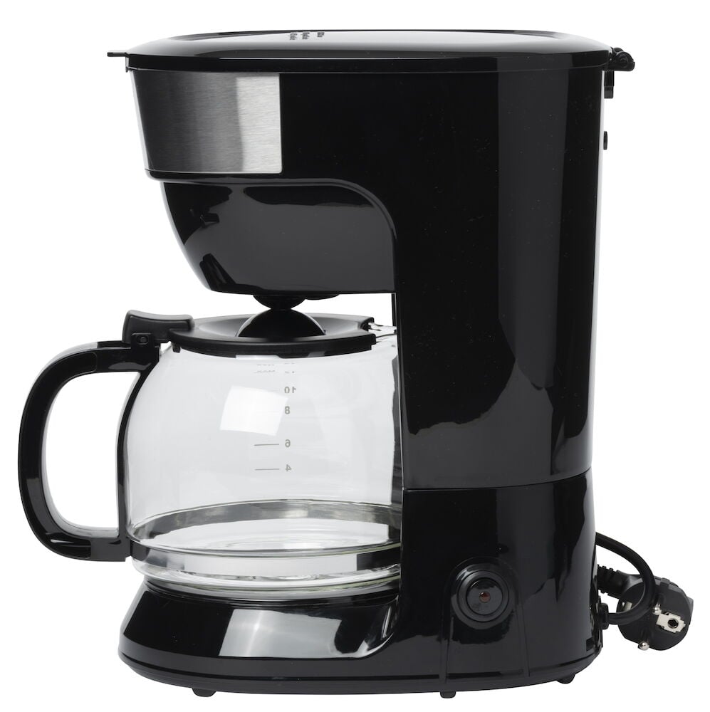 Svart kaffebryggare med glaskanna och vattennivåindikator.