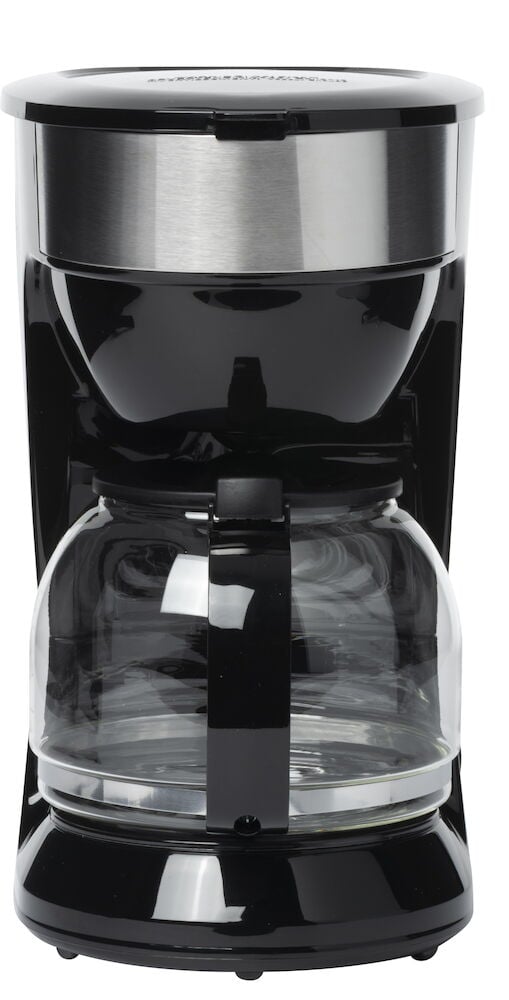 Svart kaffebryggare med glaskanna och handtag.