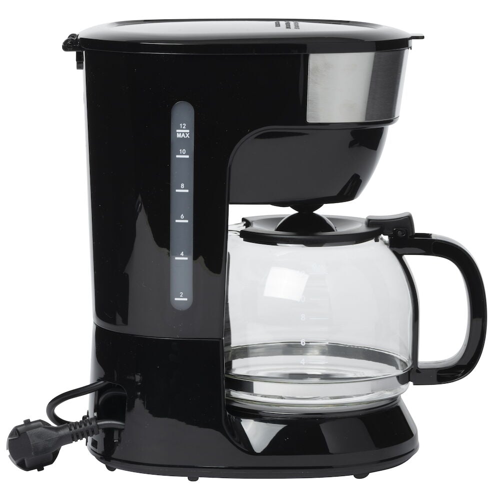 Svart kaffebryggare med glaskanna och vattennivåindikator.