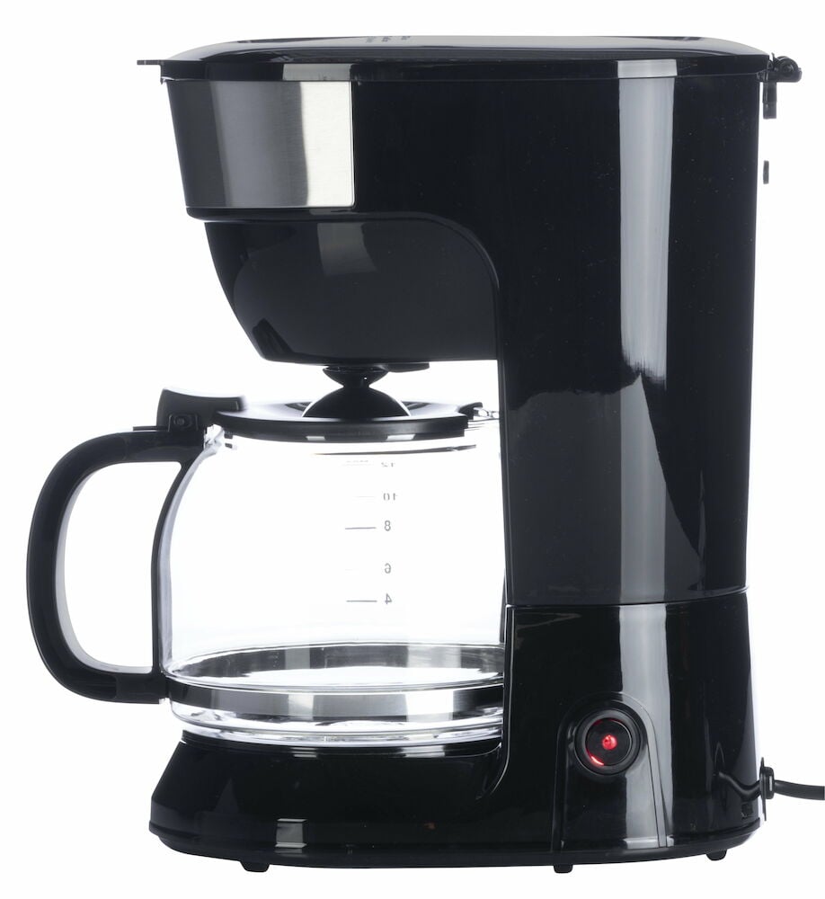 Svart kaffebryggare med glas kanna och mätskala.