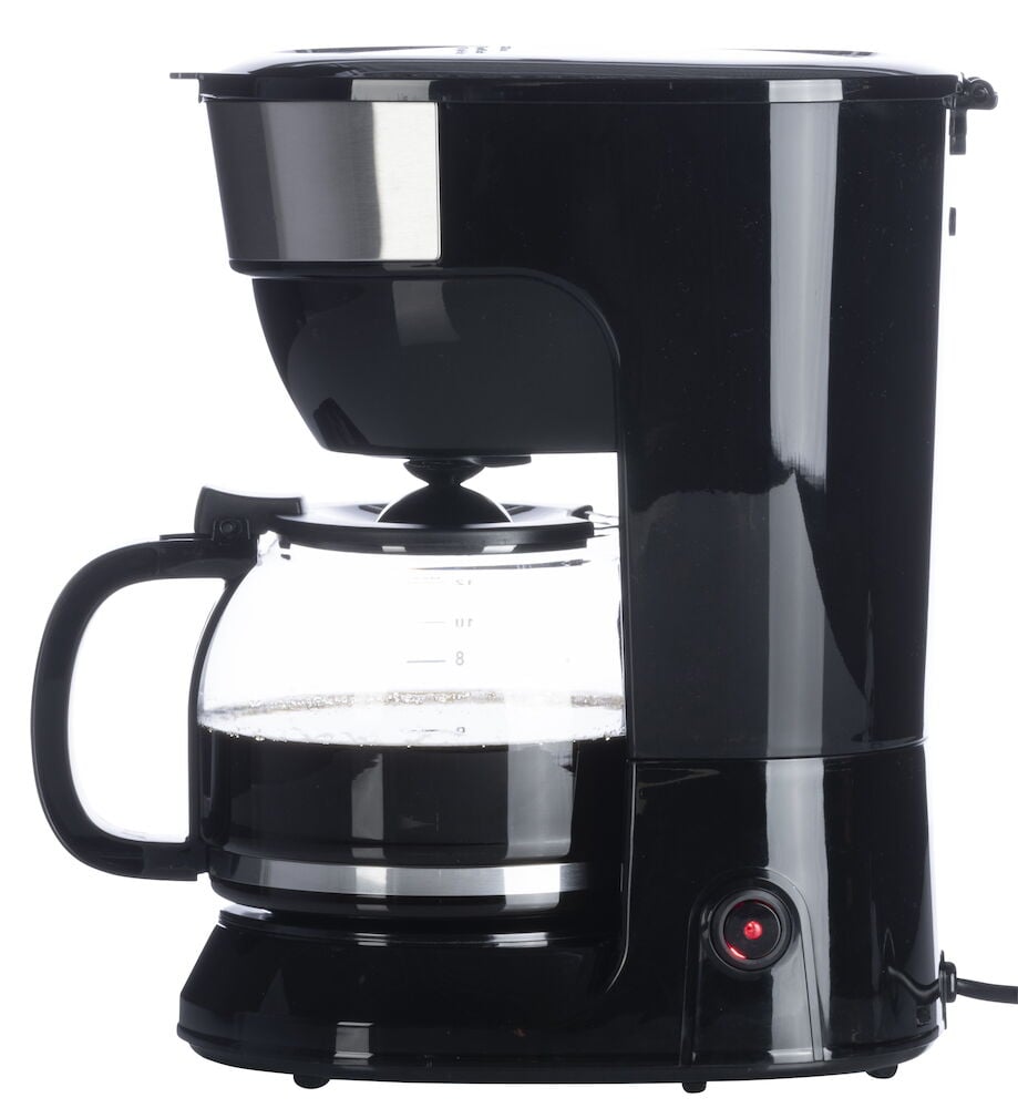 Svart kaffebryggare med kanna och synlig nivåindikator.