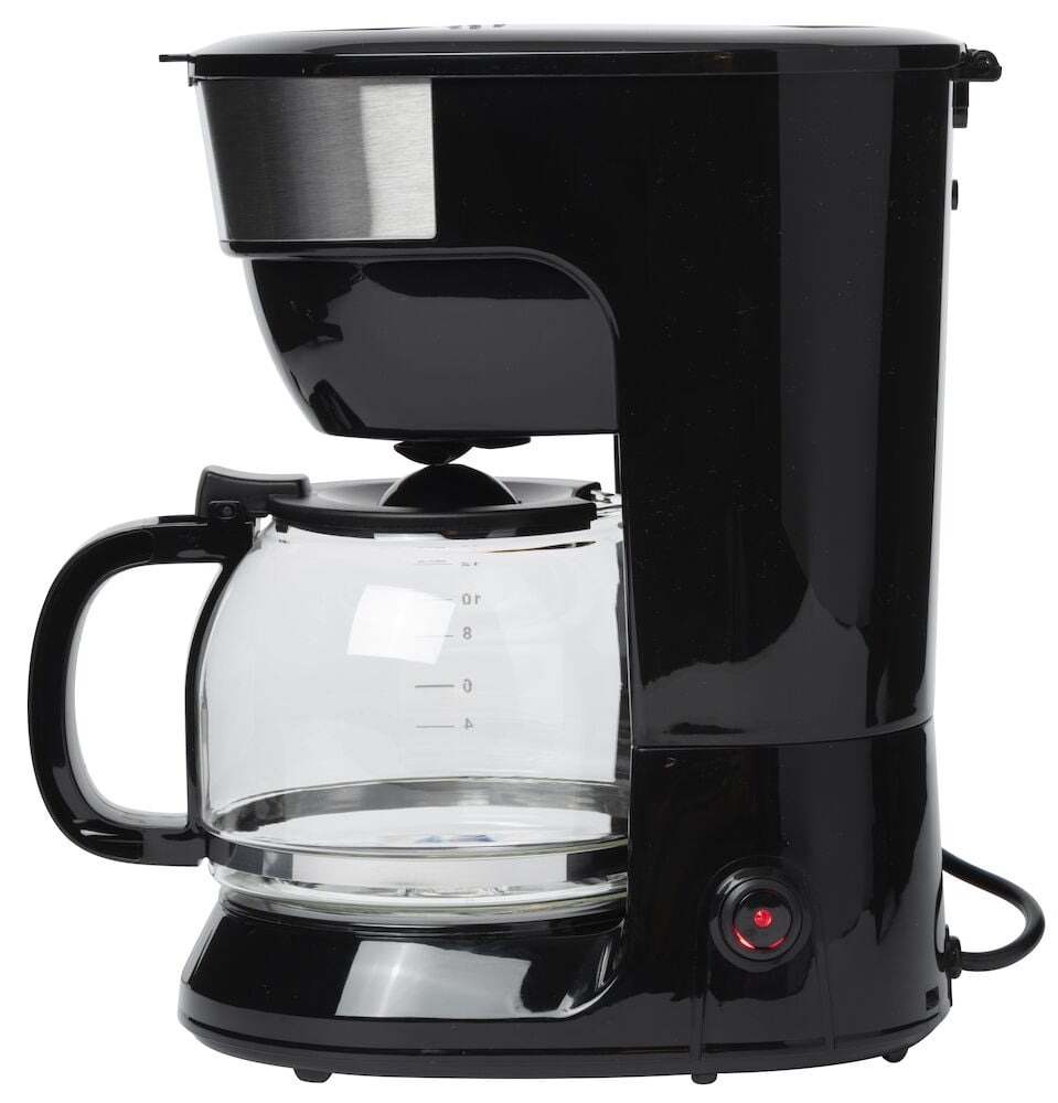 Svart kaffebryggare med glaskanna och vattennivåindikator.