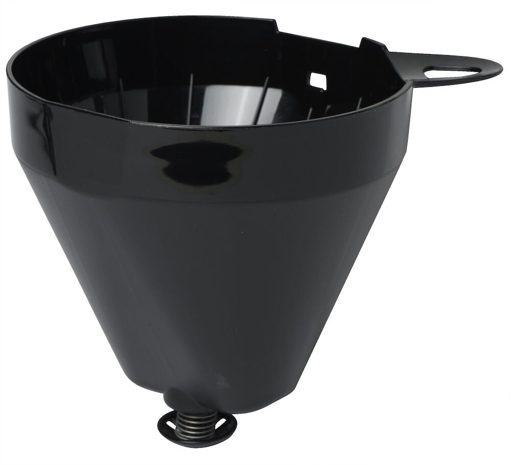 Svart löstagbar filterhållare till kaffebryggare.