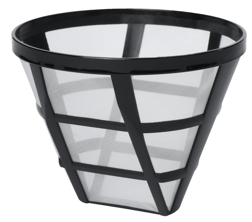 Svart kaffefilterhållare med finmaskigt nät.