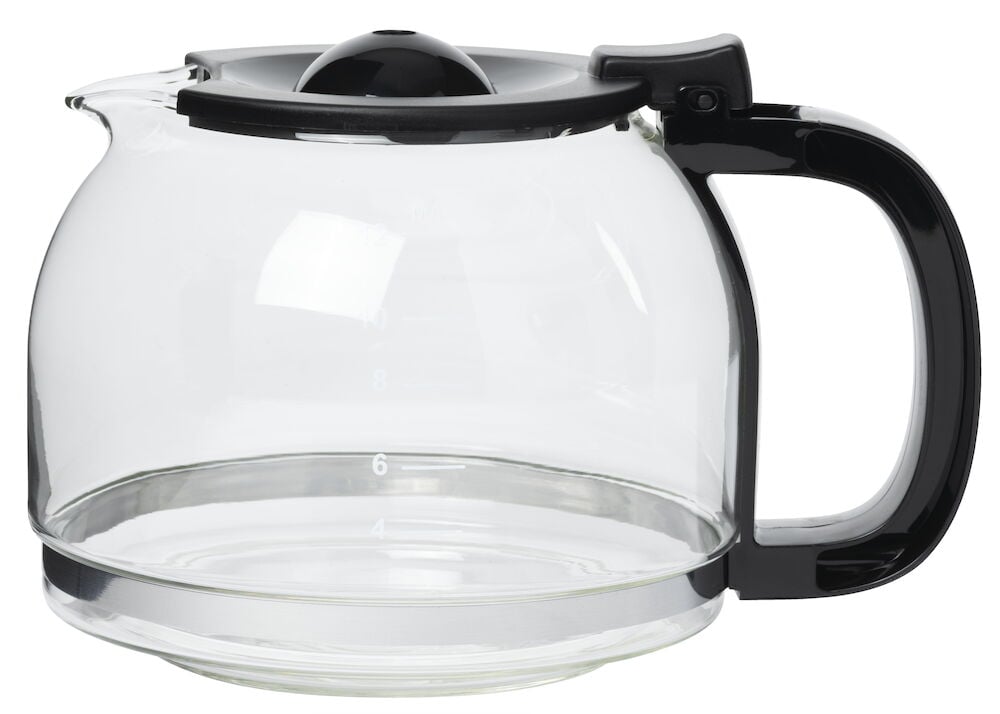 Glaskanna med svart plasthandtag och lock.